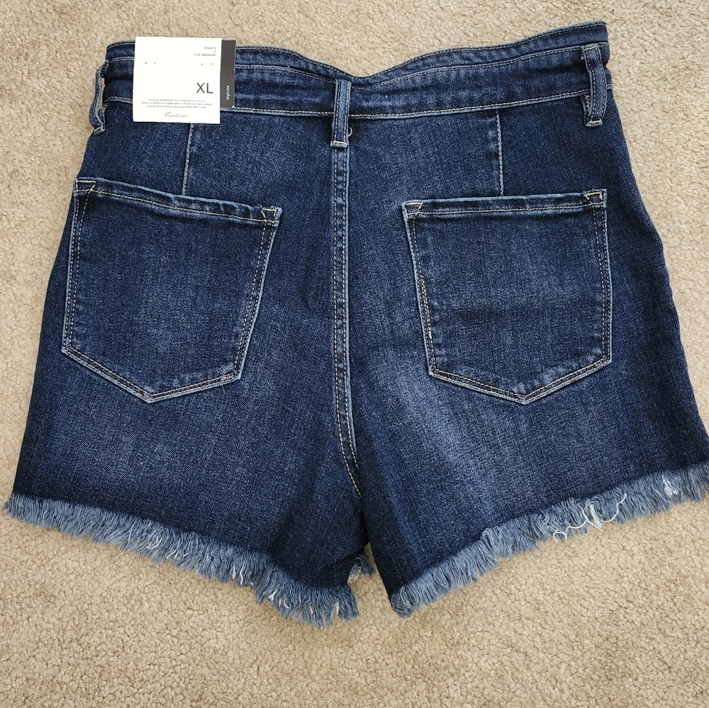 Kancan Dark Wash Frayed Hem Denim Shorts - Dark Blue New - Picture 2 of 3
